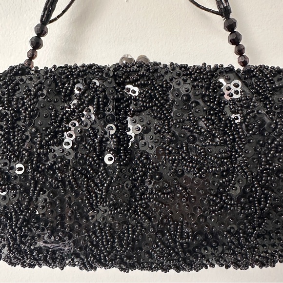 Vintage Elegant FRANCHI Black Beaded Sequin Cocktail Evening Bag Purse - Picture 8 of 16